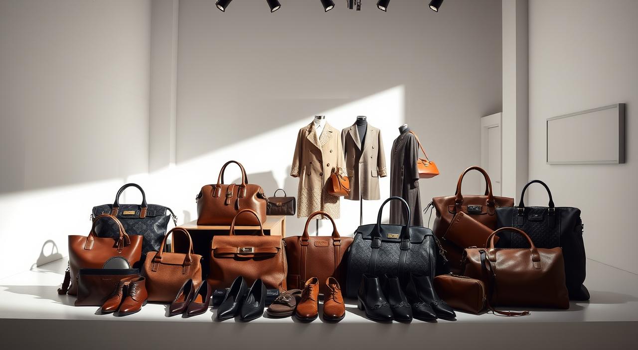 High-end luxury fashion brands displayed in a elegant, high-contrast studio setting. In the foreground, a collection of meticulously crafted leather handbags, shoes, and accessories arranged in a visually striking composition. The middle ground features couture garments showcasing intricate embroidery, tailoring, and premium fabrics. The background is a minimalist, white-walled studio with dramatic side lighting, casting dramatic shadows and highlights to accentuate the luxurious textures and craftsmanship. The overall mood is one of sophistication, exclusivity, and contemporary design.