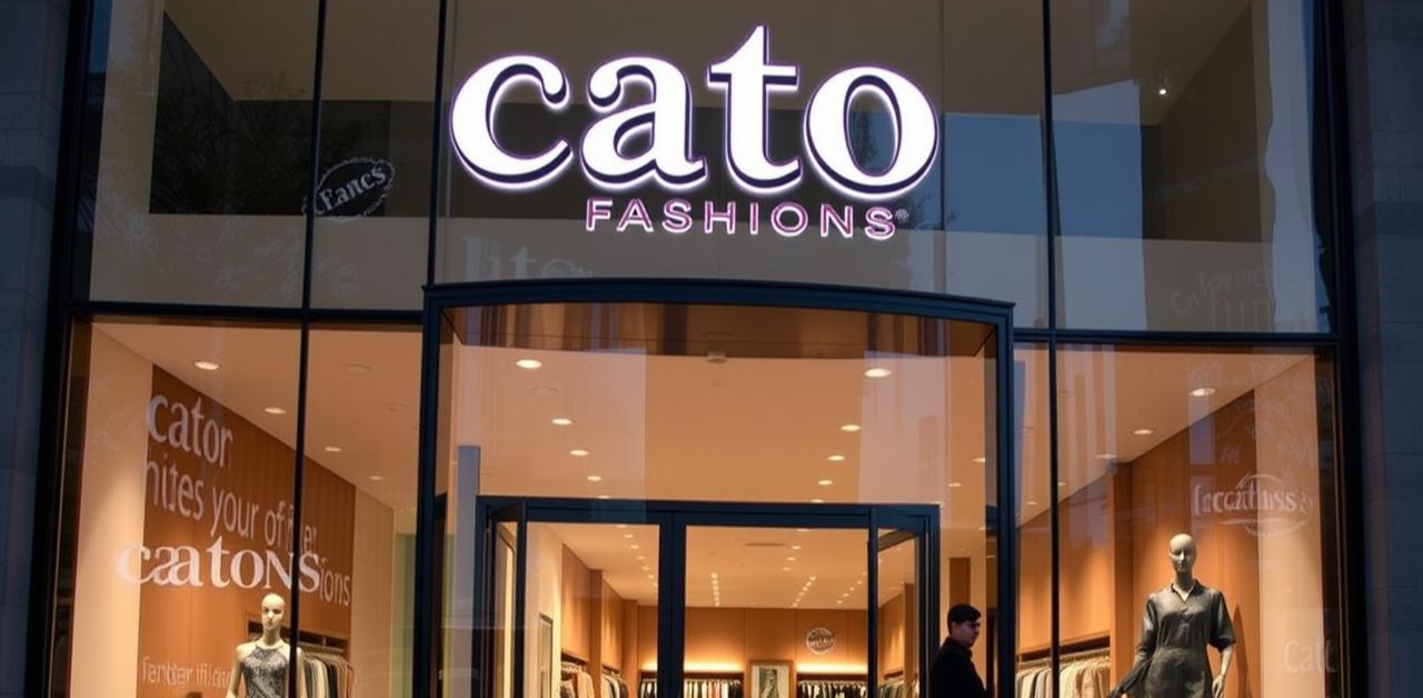 A vibrant, modern storefront with the Cato Fashions logo prominently displayed against a backdrop of city streets. The entrance is flanked by large display windows showcasing the latest fashion trends, enticing passersby to step inside. Warm lighting illuminates the inviting atmosphere, while a sleek, minimalist design aesthetic conveys a sense of style and sophistication. In the foreground, a well-dressed mannequin stands, modelling a stylish outfit that epitomizes the Cato Fashions brand. The image captures the essence of a thriving retail location, beckoning shoppers to discover the latest fashion offerings from Cato.