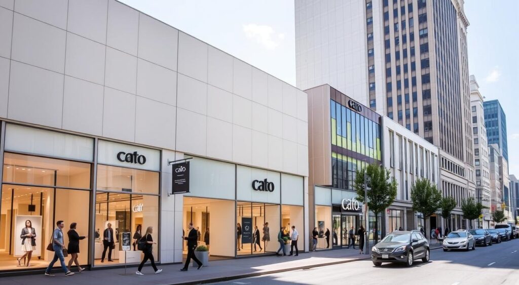 A well-lit, high-resolution photograph showcasing the exterior of several Cato fashion store locations. The image should display a row of modern, mid-sized retail stores with clean, minimalist façades, distinct Cato branding, and inviting window displays. The stores should be situated along a lively city street, with pedestrians, cars, and other urban elements providing context. The lighting should be bright and natural, creating a welcoming, approachable atmosphere. The perspective should be slightly elevated, capturing the full height of the buildings and allowing the viewer to easily identify the store locations. The overall composition should be balanced, highlighting the Cato brand while also conveying a sense of the surrounding environment.