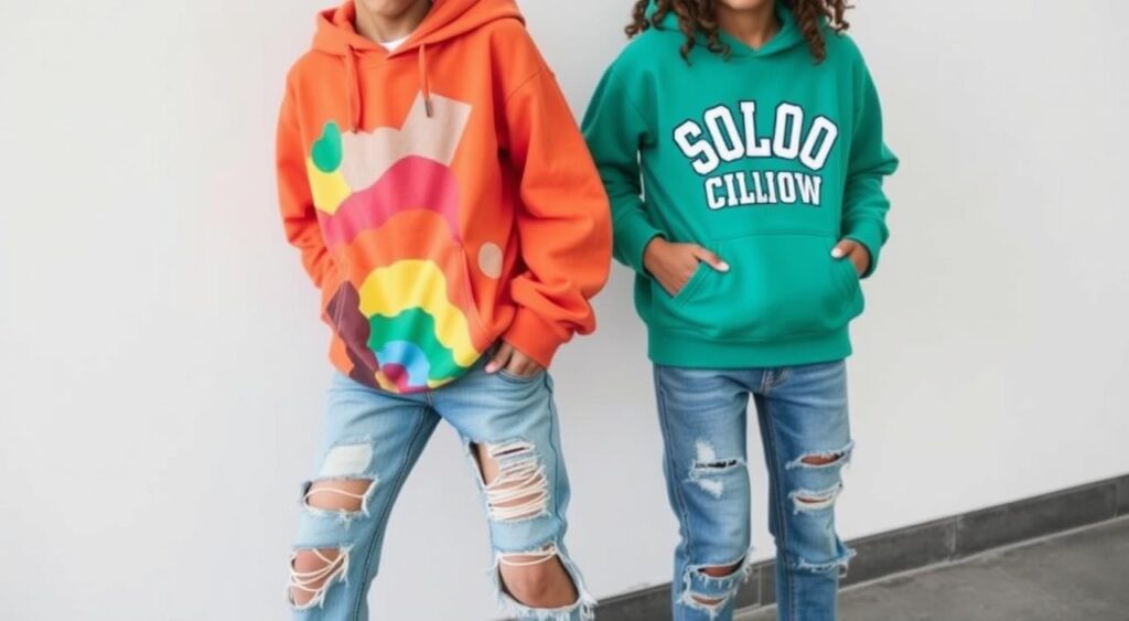 a youthful fashionable outfit featuring bright colors, bold patterns, and streetwear elements like graphic tees, oversized hoodies, and distressed jeans