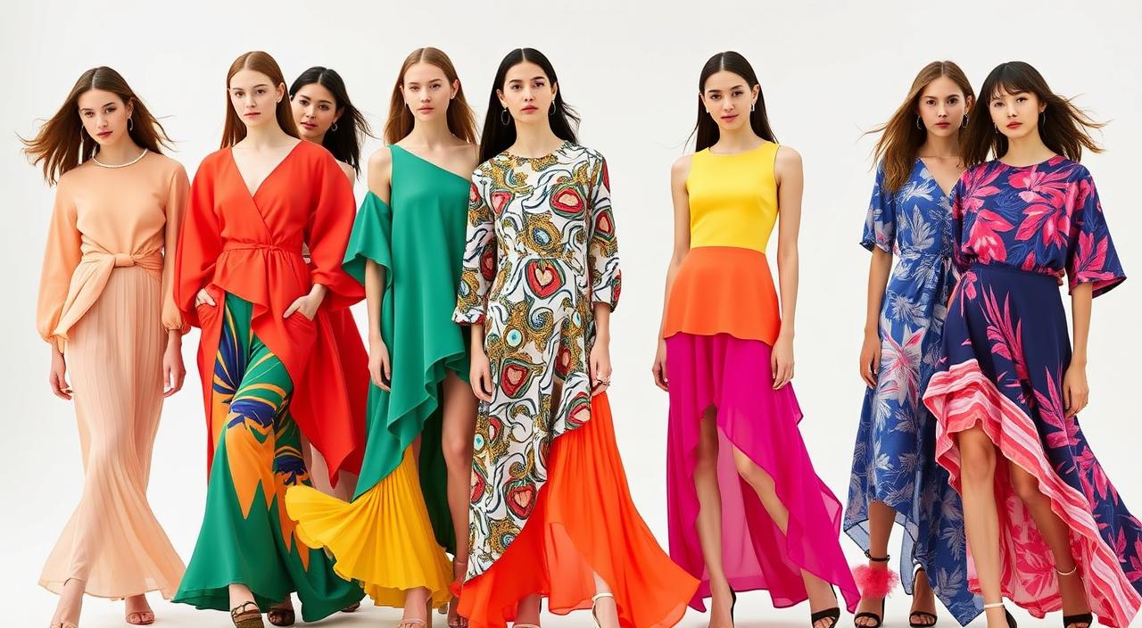 young women in brightly colored, flowing dresses and tops showcasing the latest Douyin fashion trends, with bold patterns and asymmetric silhouettes