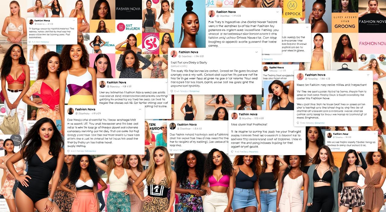 A vibrant collage of fashion influencers and customers enthusiastically sharing their honest Fashion Nova reviews. In the foreground, a diverse group of models poses confidently in the brand's latest garments, their expressions ranging from delight to contemplation. In the middle ground, social media feeds display a tapestry of enthusiastic comments, ratings, and personal testimonials about the clothing quality, fit, and customer service. The background is a dynamic mosaic of product images, lifestyle shots, and brand logos, all bathed in a warm, inviting light that conveys a sense of community and camaraderie among Fashion Nova loyal fanbase.