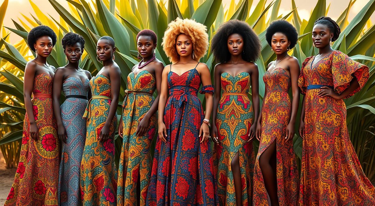 A vibrant and captivating scene of stunning African fashion dresses worn by stylish women. In the foreground, models gracefully showcase a variety of colorful, intricate, and uniquely patterned dresses that embody the rich cultural heritage of the continent. The dresses feature bold, eye-catching prints, vibrant hues, and elegant silhouettes that accentuate the models' natural beauty. In the middle ground, the models pose confidently against a backdrop of lush, verdant foliage and warm, natural lighting that casts a warm, golden glow, creating a serene and inviting atmosphere. The overall composition evokes a sense of elegance, sophistication, and the timeless allure of African fashion.
