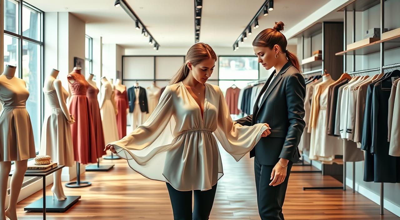 A modern, stylish boutique filled with a curated collection of affordable designer apparel. Soft, diffuse lighting from large windows illuminates the sleek, minimalist interior. Artfully arranged mannequins showcase chic dresses, tailored blazers, and trendy accessories in a harmonious color palette. Wooden floors and racks create a warm, inviting ambiance. In the foreground, a well-dressed customer examines a flowing, high-quality blouse, mesmerized by the luxurious fabrics and flattering silhouette. The overall scene conveys a sense of accessible sophistication, inviting the viewer to discover the Acubi Fashion revolution in modern style.