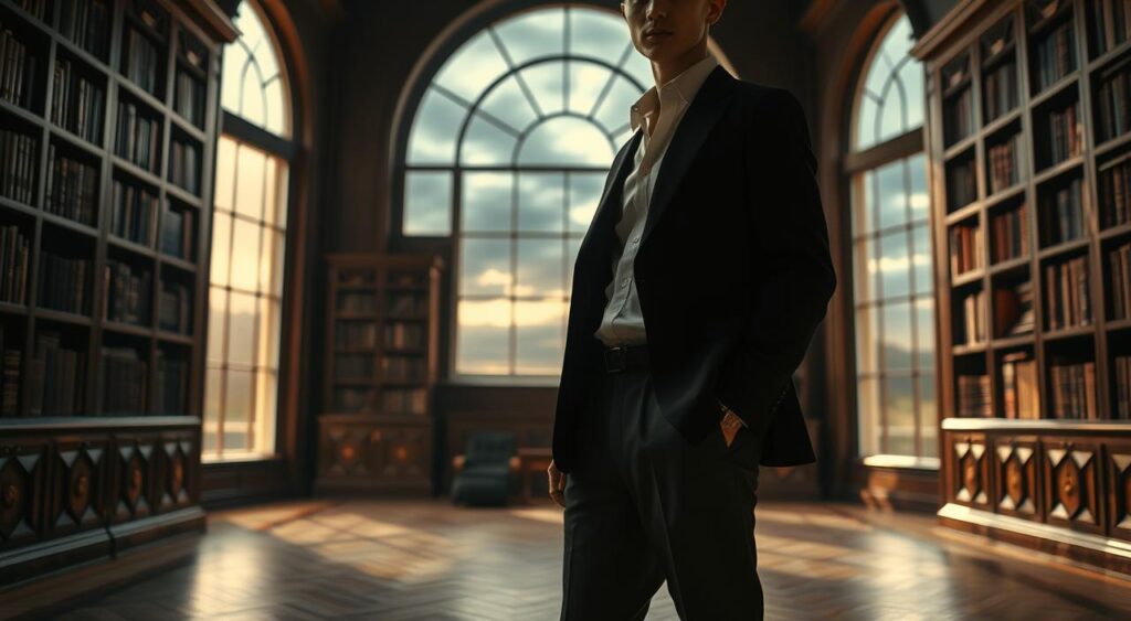 A moody, cinematic image of a figure in dark academia fashion. In the foreground, a model stands in a dimly lit, wood-paneled study, wearing a crisp white button-down shirt, a black blazer with gold buttons, and neatly pressed charcoal trousers. In the middle ground, ornate bookshelves line the walls, casting soft, warm light across the scene. In the background, a large arched window reveals a stormy, twilight sky, adding to the sense of mystery and intrigue. The lighting is low-key, with dramatic shadows and highlights, creating a brooding, atmospheric mood. The camera angle is slightly low, adding a sense of grandeur and importance to the subject.