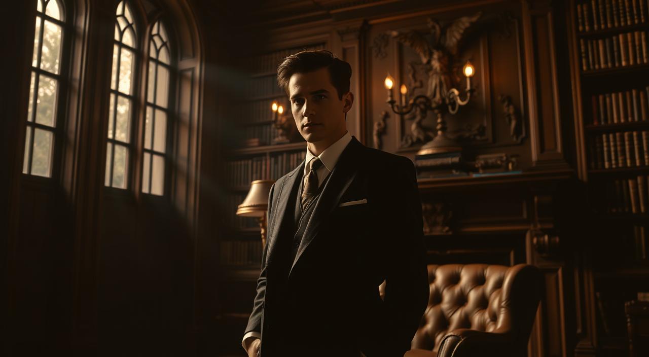 An elegant study in chiaroscuro: a smartly-dressed figure stands in a dimly-lit, wood-paneled library, surrounded by rows of leather-bound books. Filtered light streams in through a large window, casting dramatic shadows. The subject's face is partially obscured, their expression thoughtful and pensive. Antique brass lamps flicker, casting a warm, amber glow. A plush, tufted armchair sits before a grand fireplace, hinting at a life of refined taste and quiet contemplation. The overall scene evokes a sense of timeless sophistication and intellectual pursuit, embodying the essence of the "Dark Academia" aesthetic.