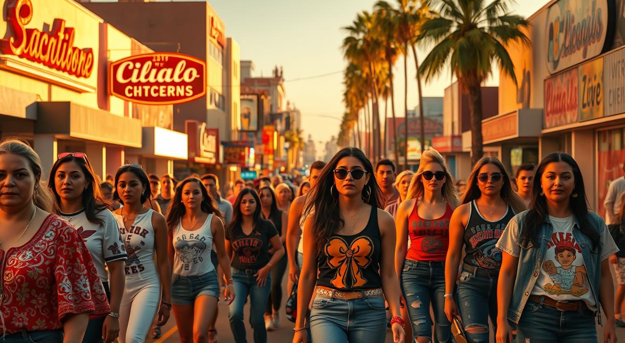 A bustling urban street in a vibrant Chicano neighborhood, illuminated by warm, golden sunlight. In the foreground, a diverse group of fashionable individuals showcase Chicano style - ornate embroidered blouses, vibrant graphic tees, sleek low-rider denim, and bold, colorful accessories. In the middle ground, neon signs and murals add a distinct cultural flair, while in the background, the silhouettes of iconic low-rider cars and towering palm trees create a sense of place. The overall atmosphere exudes a blend of modern edge and timeless Chicano pride, captured through a cinematic, high-contrast lens.