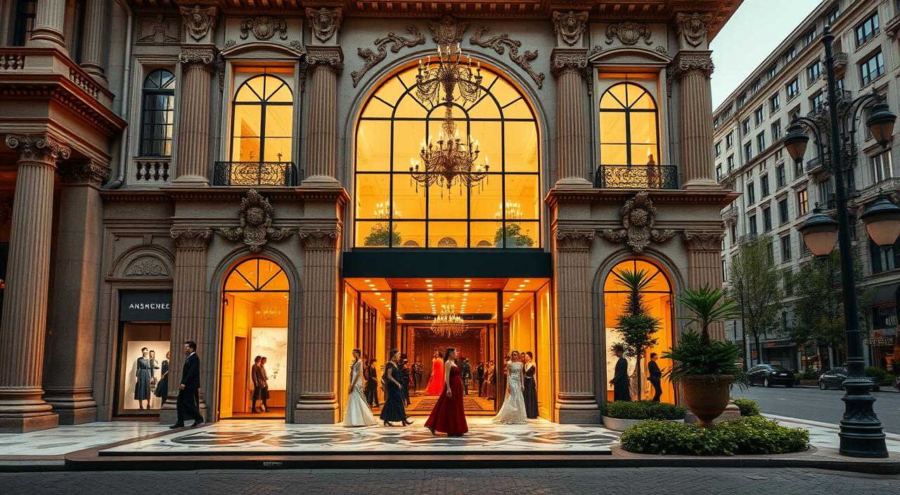 A grand, neo-classical fashion house with ornate facade, majestic columns, and intricate stone carvings. Exquisite marble floors and chandeliers inside, with elegant models showcasing the latest haute couture designs on a grandiose catwalk. Warm, golden lighting illuminates the scene, creating a sophisticated and alluring atmosphere. Tall, arched windows allow natural light to filter in, casting dramatic shadows. The building is situated in a picturesque urban setting, with cobblestone streets, lush greenery, and vintage street lamps outside.