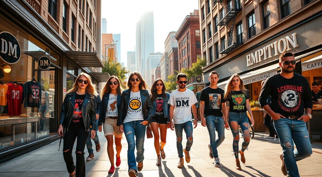A vibrant urban street, bathed in warm afternoon light, showcases the latest DM fashion trends. In the foreground, a group of stylish individuals strut down the sidewalk, their outfits reflecting the season's must-have pieces - sleek leather jackets, bold graphic tees, and distressed denim jeans. The middle ground features a mix of independent boutiques and trendy cafes, their windows displaying the latest DM-inspired merchandise. In the background, towering skyscrapers and a bustling cityscape create a dynamic, cosmopolitan atmosphere. The overall scene exudes a sense of youthful energy, creativity, and the ever-evolving nature of DM fashion.