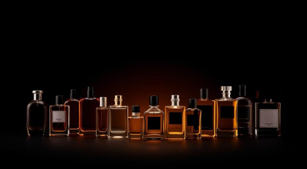 A sleek and sophisticated men's fragrance collection displayed on a minimalist black background. In the foreground, glass bottles of various shapes and sizes, their contents glistening in the warm, directional lighting. The middle ground features a geometric arrangement of the bottles, their clean lines and sharp edges creating a sense of elegant simplicity. The background is devoid of distractions, allowing the fragrances to take center stage. The overall composition radiates a sense of masculine refinement, inviting the viewer to explore and discover the unique scents that comprise this exquisite collection.