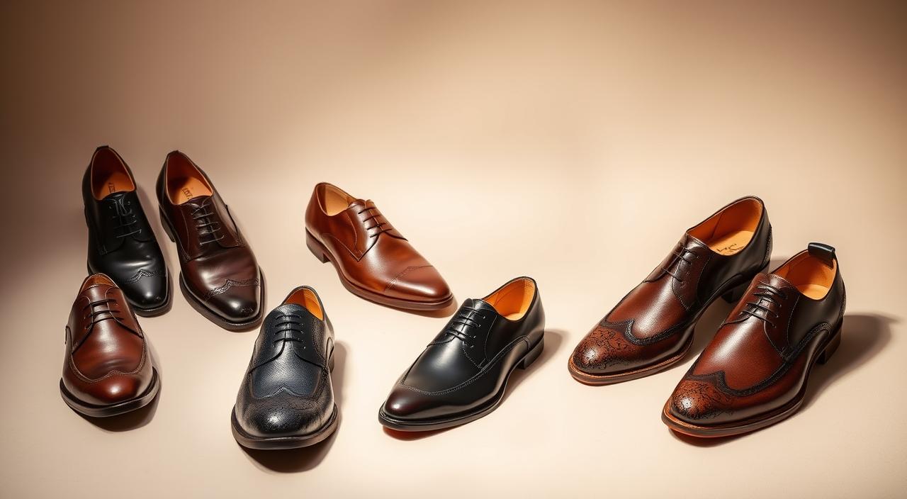 A well-curated collection of stylish men's shoes, meticulously arranged against a soft, neutral backdrop. The shoes, in a variety of classic and contemporary designs, are elegantly lit, showcasing their intricate textures and fine craftsmanship. The composition prioritizes the shoes, allowing them to take center stage, while subtle shadows and reflections add depth and dimension. The overall mood is one of refined sophistication, inviting the viewer to imagine pairing these versatile footwear options with a range of formal and casual attire for any occasion.