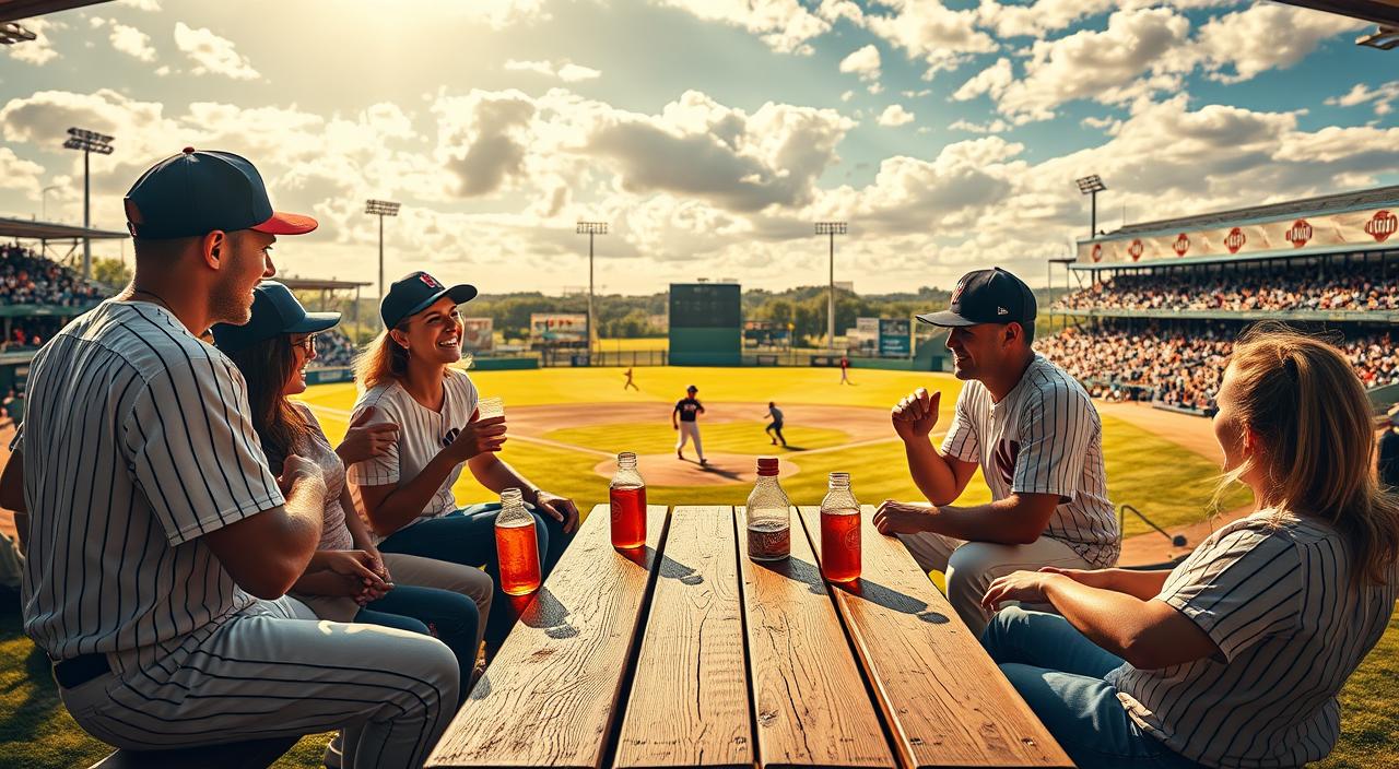 A vibrant and dynamic baseball lifestyle scene with a focus on the energetic atmosphere and shared camaraderie. In the foreground, a group of friends in casual baseball attire gather around a wooden picnic table, engaged in lively conversation and laughter as they enjoy refreshments. In the middle ground, a well-maintained baseball diamond comes into view, with players taking the field and the distant roar of the crowd echoing in the background. The scene is illuminated by warm, golden sunlight filtering through wispy clouds, casting a timeless, nostalgic glow over the entire setting. The overall mood evokes a sense of community, passion, and the joy of experiencing the baseball lifestyle.