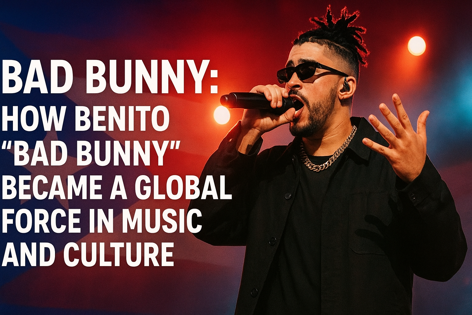Bad Bunny performing live on stage with microphone in hand, wearing black sunglasses and gold chain, Puerto Rican flag backdrop, and headline text overlay.